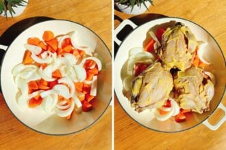 Side-by-side images of a white pot. Left: sliced onions and carrots inside as the base. Right: the same vegetables topped with three pieces of cornish hens brushed with butter, perfect for pairing with roasted Cornish hens. Sunlight casts shadows on a wooden surface.