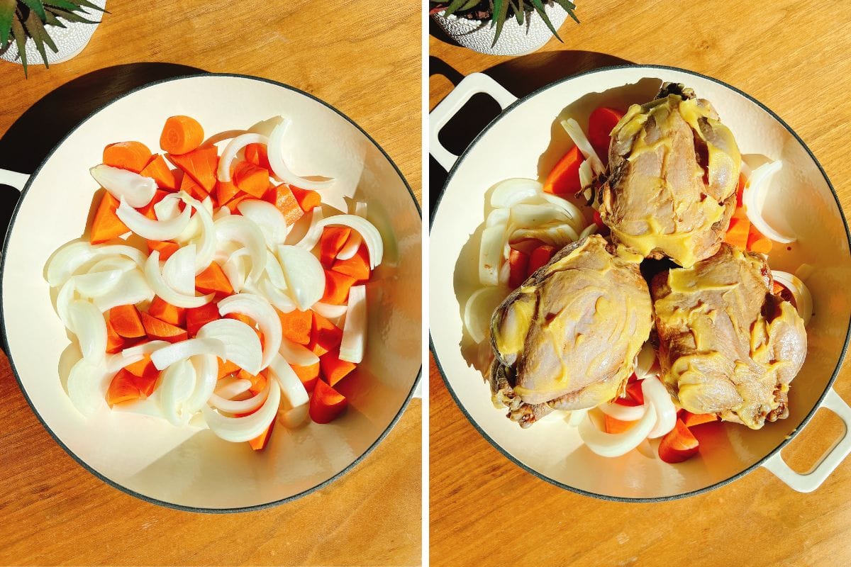 Side-by-side images of a white pot. Left: sliced onions and carrots inside as the base. Right: the same vegetables topped with three pieces of cornish hens brushed with butter, perfect for pairing with roasted Cornish hens. Sunlight casts shadows on a wooden surface.