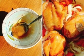 A bowl with a spoon holding a apricot sweet jam glaze sits on a wooden surface; next to it are roasted Cornish hens with golden skin, surrounded by carrots and onions. This dish highlights perfectly roasted Cornish hens for an elegant meal.