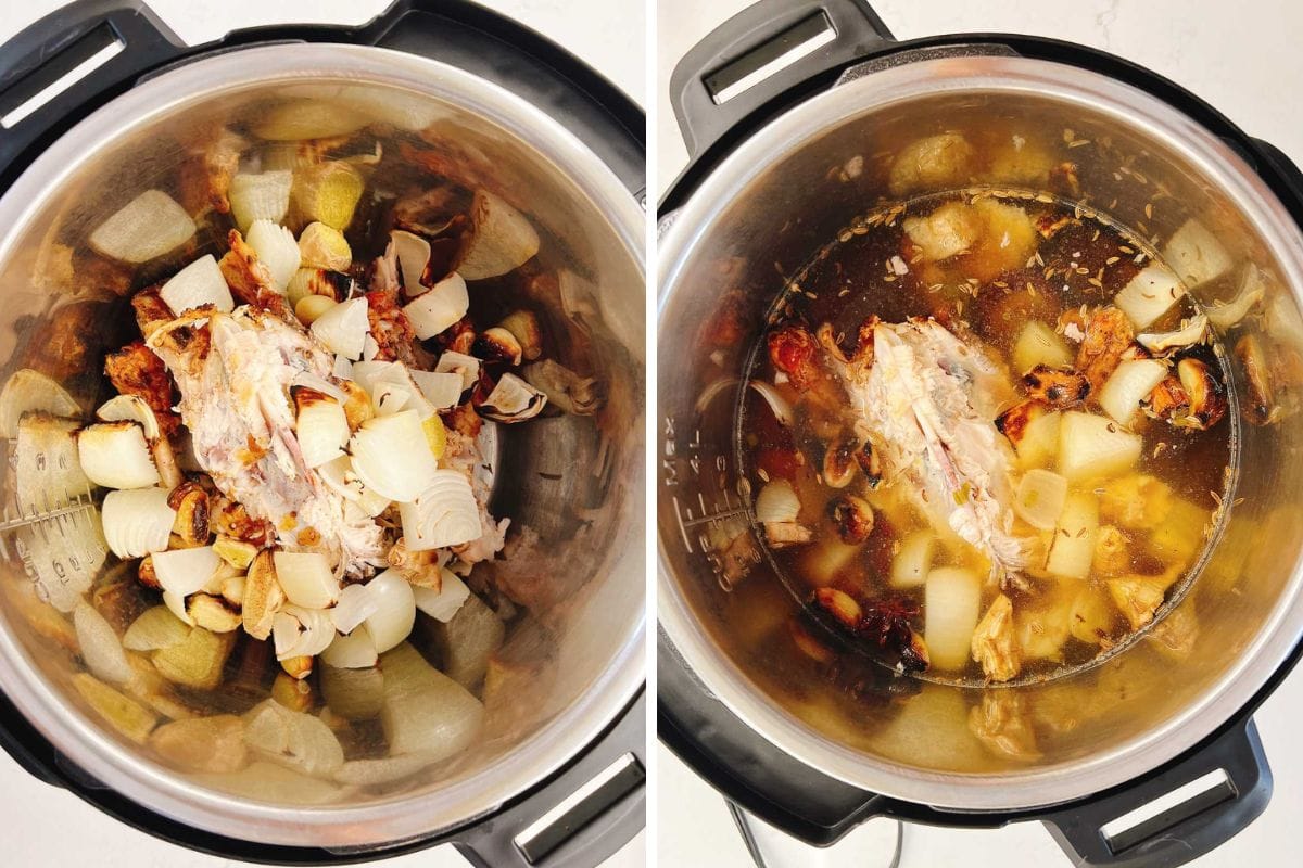 Side-by-side photos of an Instant Pot: the left shows raw turkey bones, chopped onions, vegetables; the right reveals the ingredients cooked and transformed into a rich turkey pho bone broth.
