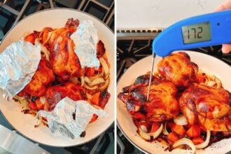 Two photos: left shows seasoned roasted Cornish hens and vegetables in a pan, with foil covering parts of the hens that roast faster than other parts to prevent it from burning; right displays a meat thermometer reading 172°F inserted into a cooked hen in the same pan.