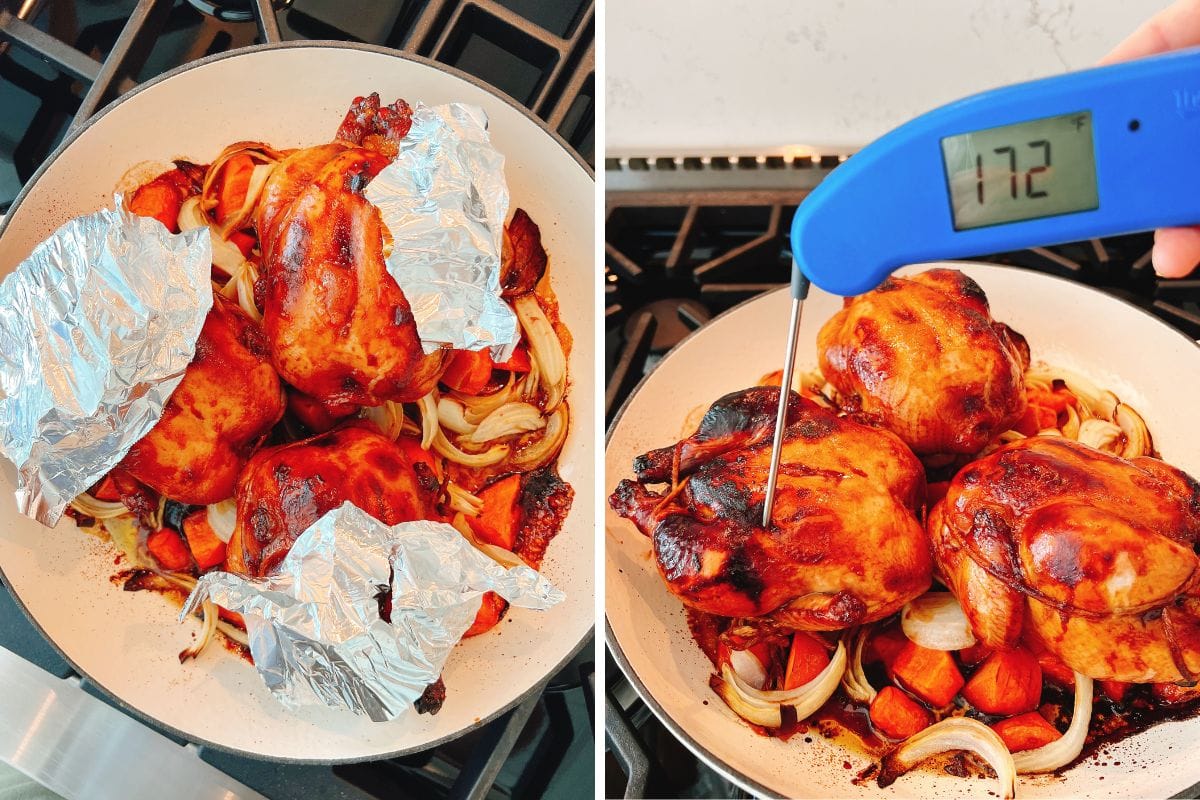 Two photos: left shows seasoned roasted Cornish hens and vegetables in a pan, with foil covering parts of the hens that roast faster than other parts to prevent it from burning; right displays a meat thermometer reading 172°F inserted into a cooked hen in the same pan.