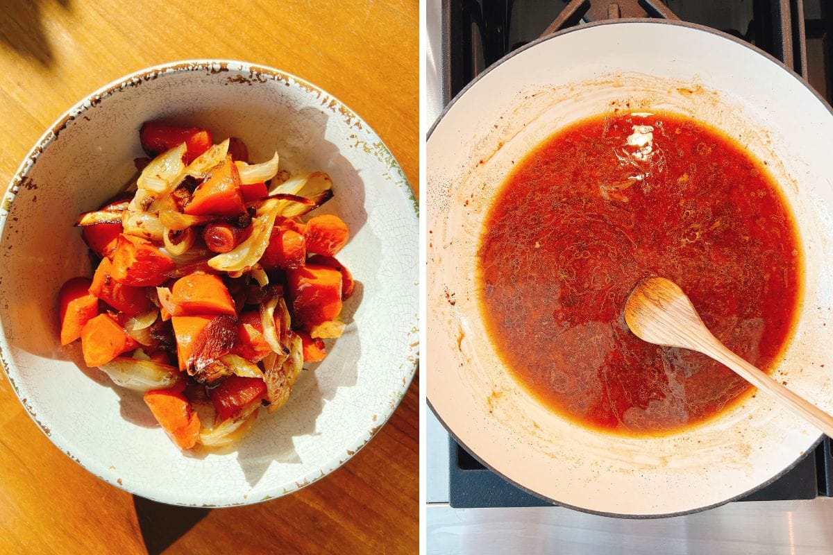 A ceramic bowl on a wooden surface holds roasted carrots and onions. Nearby, a white pan on the stovetop contains a simmering roasted cornish hen pan juice sauce with a wooden spoon inside, perfect for serving alongside roasted Cornish hens.