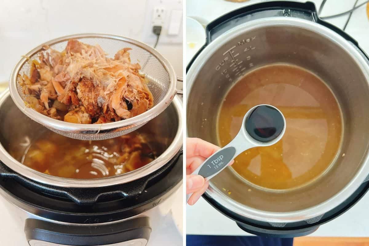 Two side-by-side images: On the left, cooked meat and bones for turkey pho bone broth are being strained over a pot inside an Instant Pot slow cooker. On the right, a hand holds a tablespoon above the pot filled with rich brown broth.