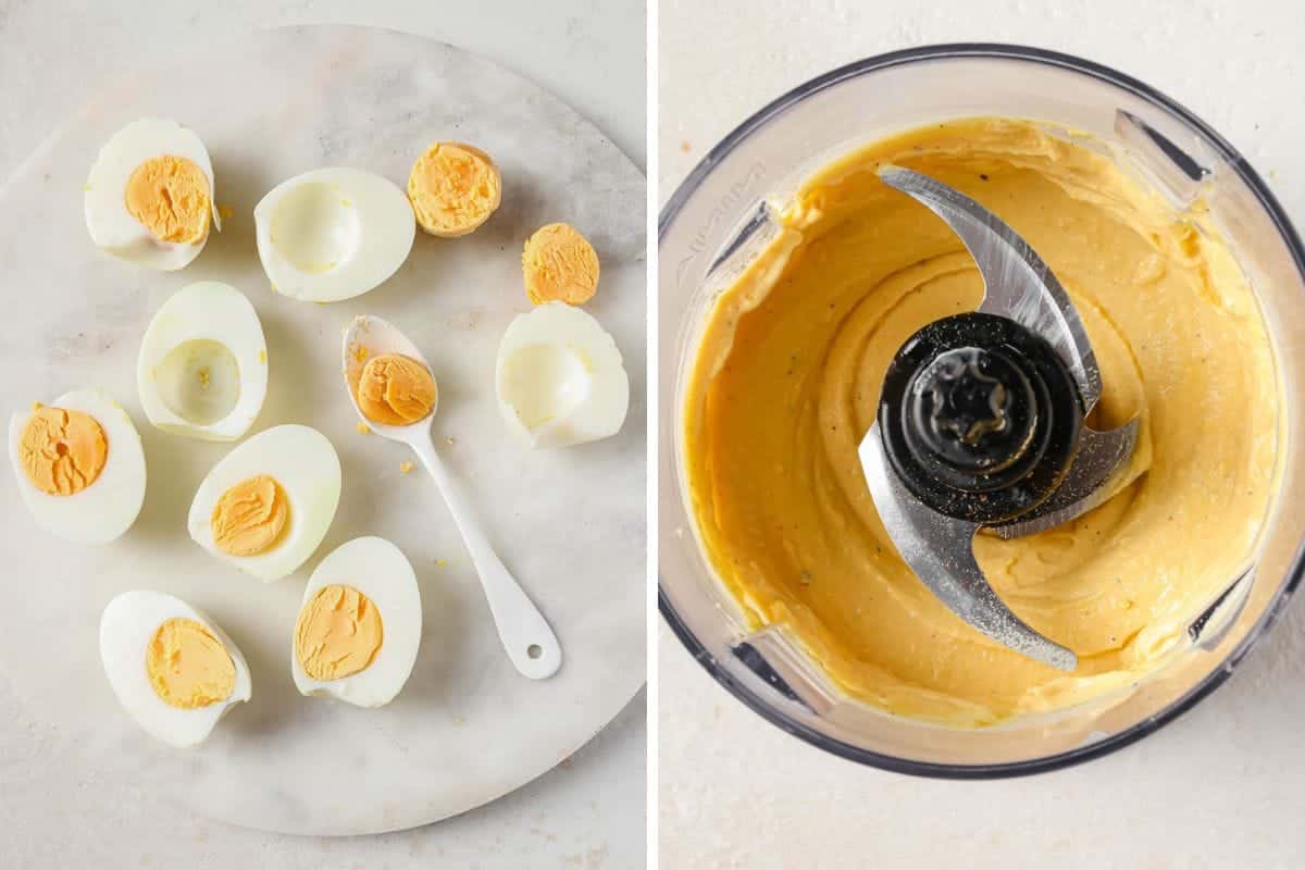 Left: Halved hard-boiled eggs with yolks removed on a round plate, a spoon nearby. Right: Creamy yellow egg yolk mixture in a food processor—perfect for making Asian deviled eggs with unique flavors.