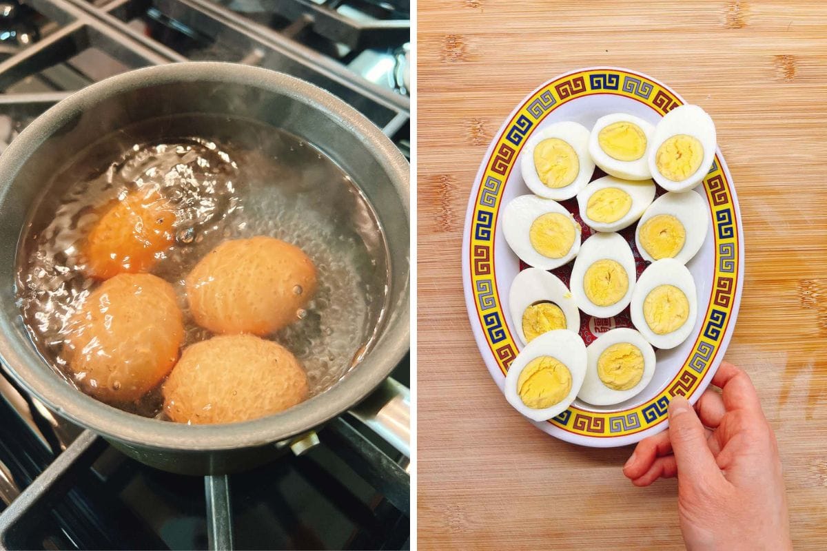 Left: Three eggs boiling in a pot of water on a stove. Right: A hand holding a plate with neatly arranged sliced hard-boiled eggs, perfect for preparing Asian deviled eggs, placed on a wooden surface.