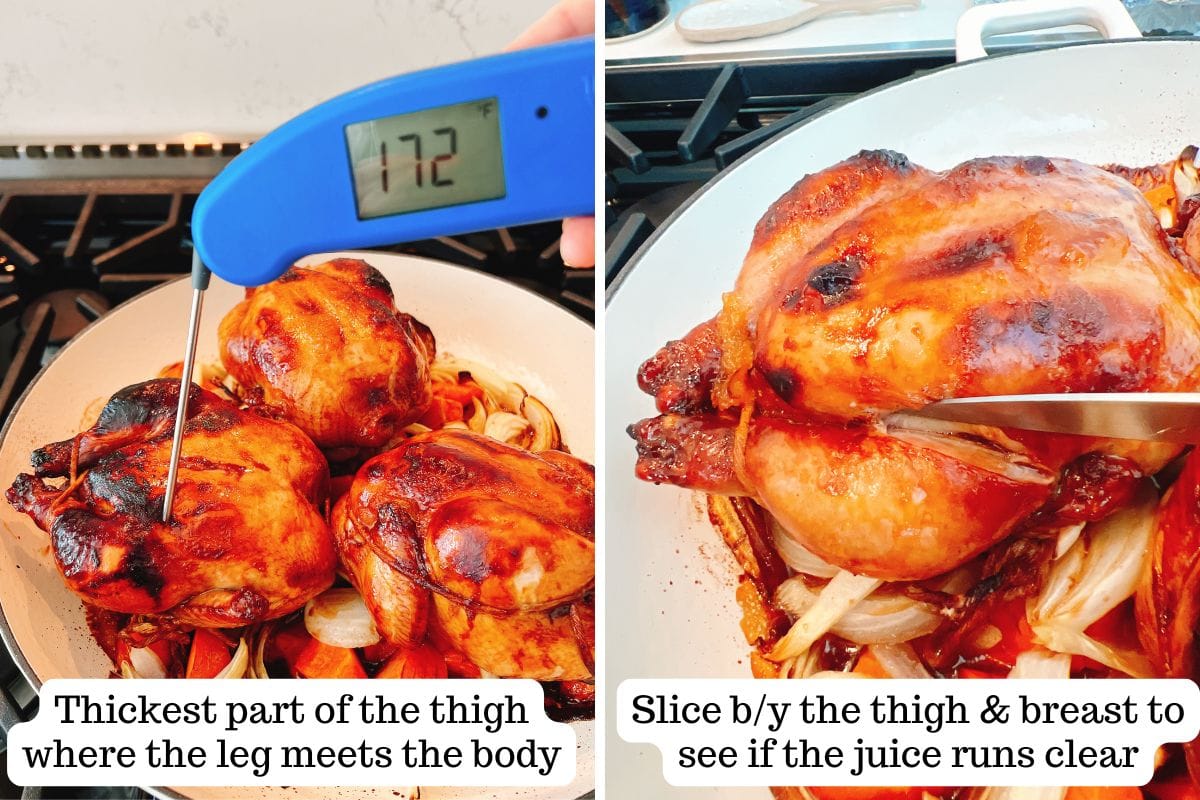 Split image: Left shows a meat thermometer in a roasted Cornish hen thigh, reading 172°F. Right shows roasted Cornish hens in a pan with onions. Text explains checking doneness by temperature and clear juices.