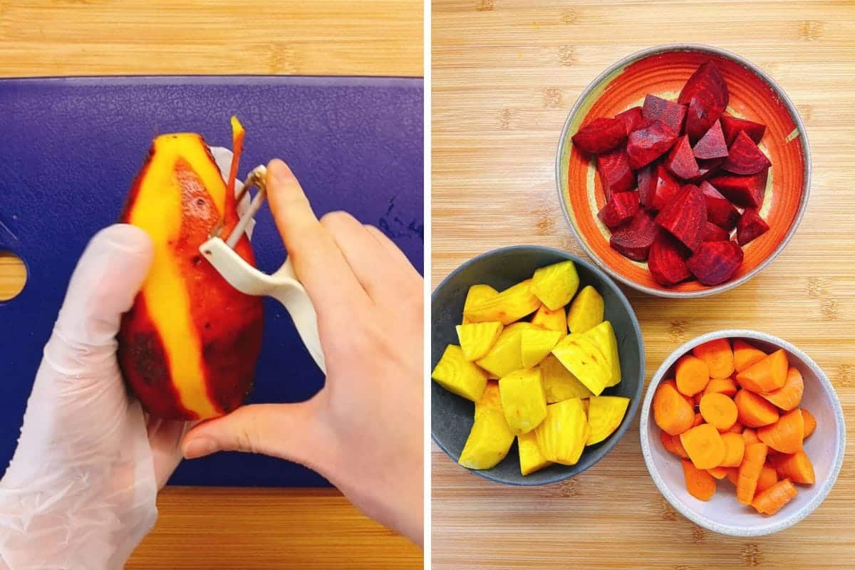 A gloved hand peels a golden beet on a cutting board beside three bowls filled with chopped red beets, yellow beets, and carrots—perfect for preparing roasted beets and carrots on a wooden surface.