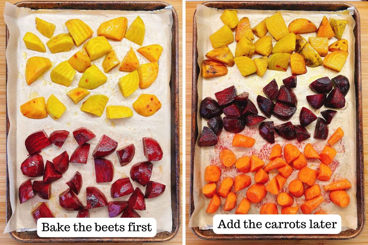 Two baking trays lined with parchment paper: the left holds yellow and red roasted beets labeled "Bake the beets first," while the right tray adds carrots for perfectly roasted beets and carrots.