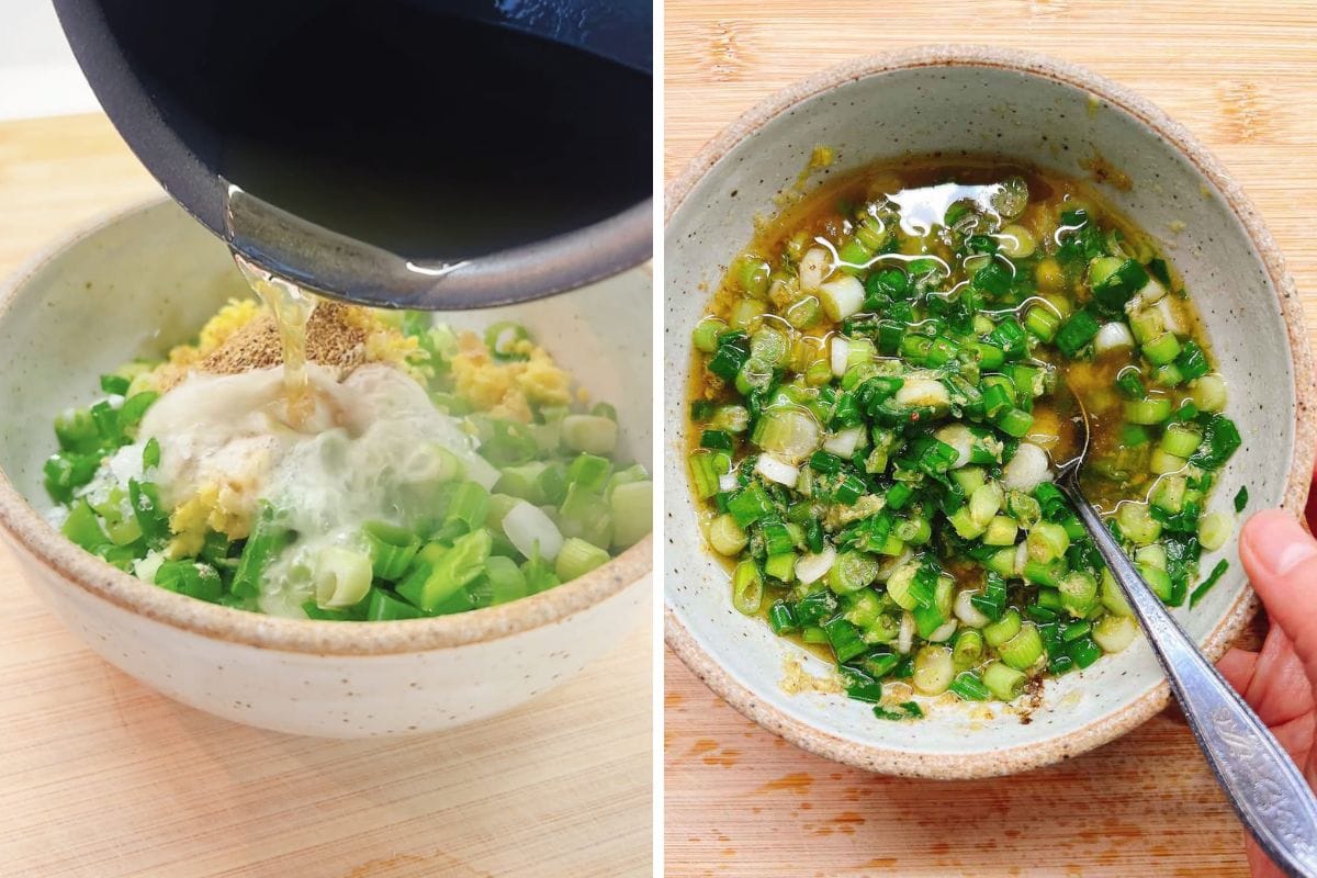 Side-by-side images: on the left, hot oil is poured over chopped green onions, ginger, and other scallion ginger oil for Asian deviled eggs; on the right, everything is mixed into a flavorful sauce with a spoon.