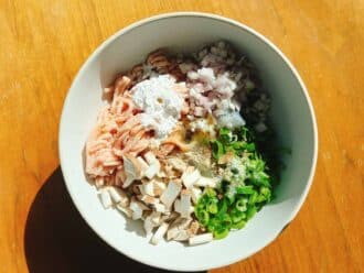 A white bowl contains separated ingredients for Asian wonton meatballs: ground meat, chopped shallots, sliced green onions, diced mushrooms, white powder (likely flour or starch), and seasonings, all on a wooden surface in bright sunlight.
