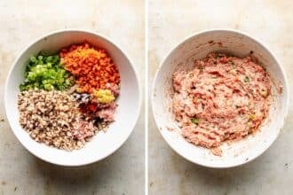 Two side-by-side bowls: the left displays raw ingredients for deconstructed wonton soup—chopped mushrooms, carrots, green onions, ginger, and ground meat; the right shows these combined into a flavorful meat mixture.