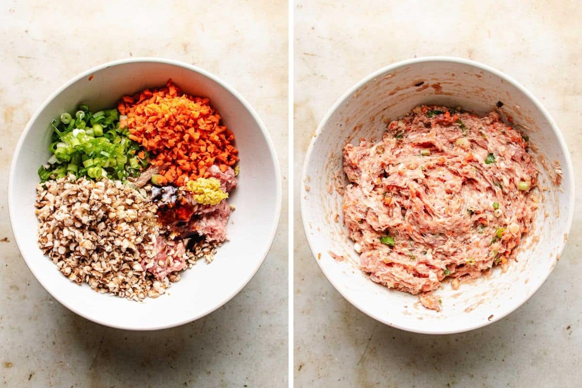 Two side-by-side bowls: the left displays raw ingredients for deconstructed wonton soup—chopped mushrooms, carrots, green onions, ginger, and ground meat; the right shows these combined into a flavorful meat mixture.