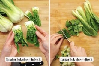 Two images of bok choy on a wooden cutting board: the left shows hands halving a small bok choy; the right shows hands dicing a larger one with a knife—ideal prep steps for deconstructed wonton soup. Labels explain how to cut each size.