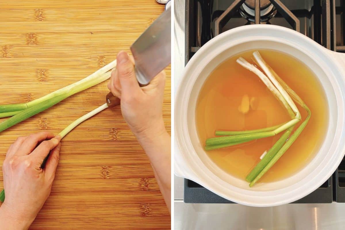 Split image: On the left, hands cut green onions for a deconstructed wonton soup. On the right, green onions and a ginger slice simmer in a pot of broth on the stovetop.