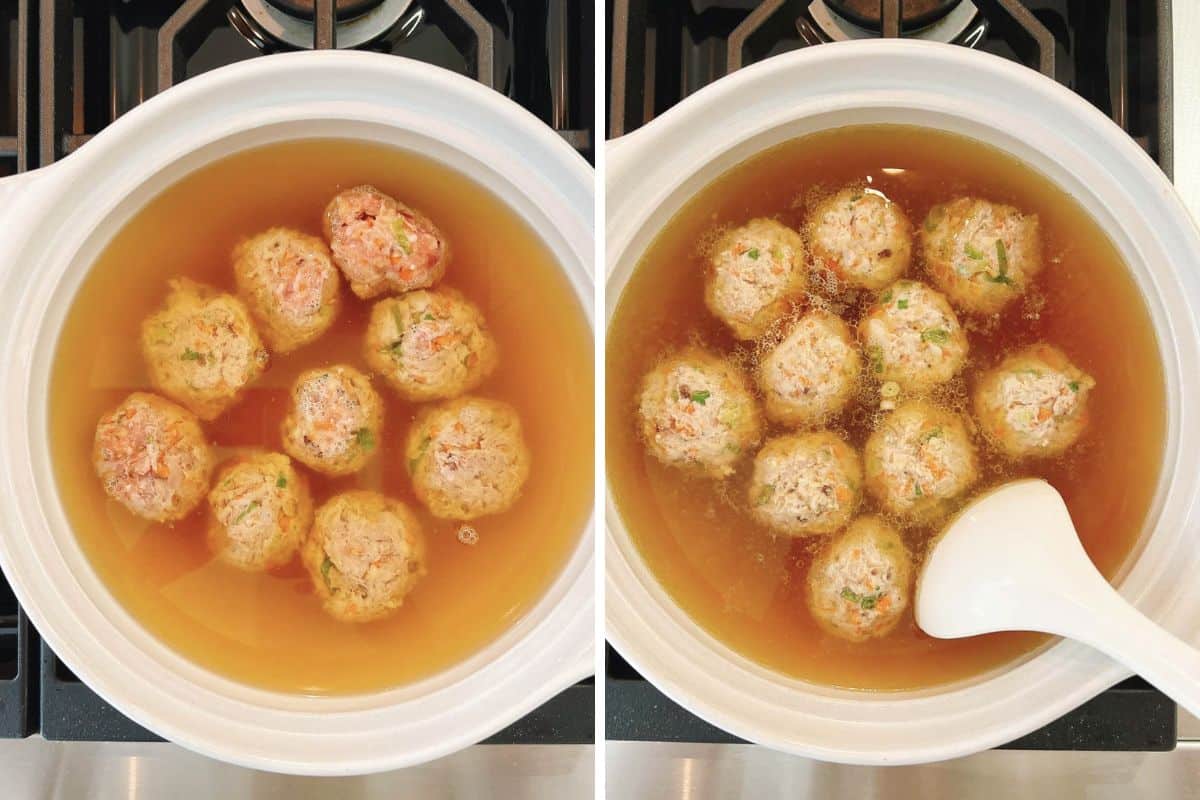 Two images side by side showcase a deconstructed wonton soup: meatballs simmer in a clear broth on the stovetop, while a white ladle lifts one savory meatball from the soup in the right image.