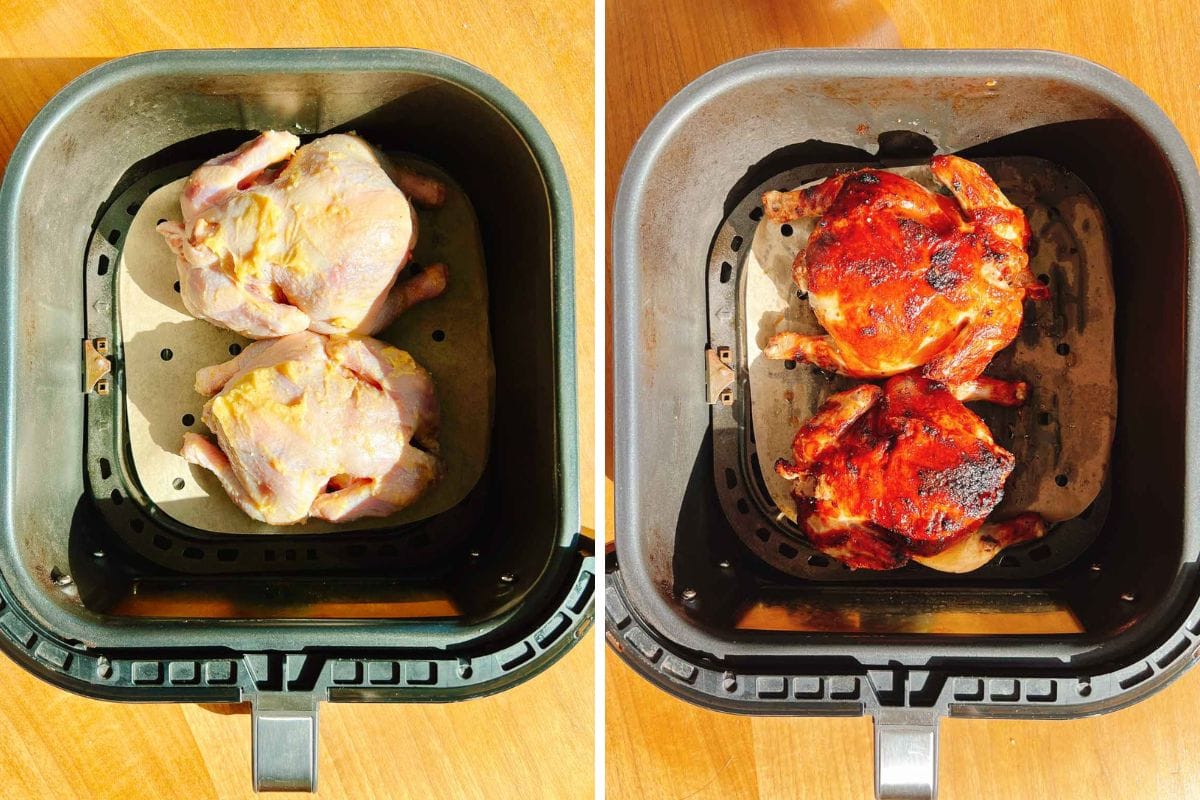 Side-by-side images of an air fryer basket: on the left, two raw, seasoned Air fryer Cornish hens breast side down; on the right, the same hens cooked with browned, breast side up, crispy skin. Both overhead images showcase a perfect before-and-after transformation.