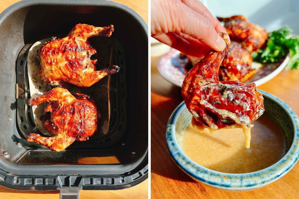 Two air fryer Cornish hens golden brown with crispy skin rest in a basket (left). On the right, a hand dips a crispy roasted wing into golden brown sauce - miso ginger sauce, with cooked hens and herbs in the background.