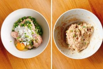Two bowls on a wooden surface; the left holds raw ground chicken meat, an egg, chopped green onions, and seasonings—perfect for preparing chicken meatball hot pot. The right bowl shows these ingredients mixed into a uniform mixture.