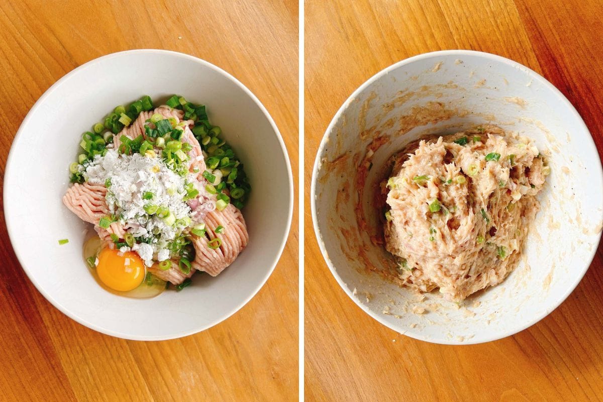 Two bowls on a wooden surface; the left holds raw ground chicken meat, an egg, chopped green onions, and seasonings—perfect for preparing chicken meatball hot pot. The right bowl shows these ingredients mixed into a uniform mixture.