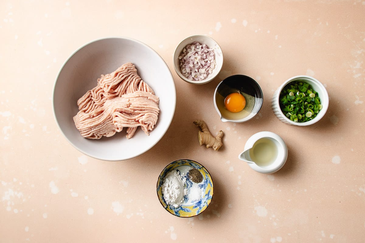 A top-down view of ingredients for chicken meatball hot pot: six bowls on a light surface hold ground meat, chopped shallots, an egg, sliced green onions, grated ginger, flour with spices, and a small pitcher of oil.