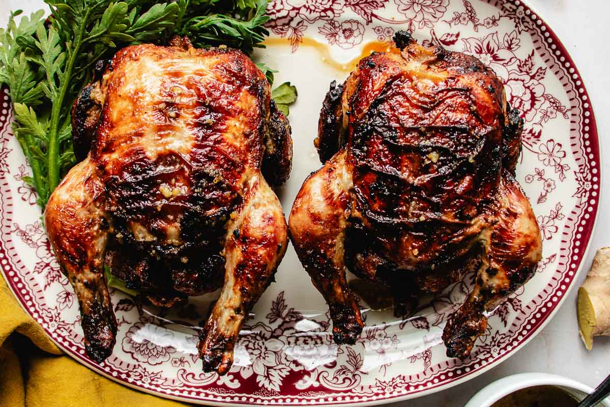 Two golden-brown air fryer Cornish hens rest on a decorative red and white platter, garnished with fresh green herbs. Their crispy skin glistens, served side by side for an elegant presentation.