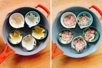 Side-by-side images show small bowls in a skillet: the left holds wonton wrappers pressed into bowls, while the right displays bowls filled with a soup dumpling meat mixture, ready to be steamed. Both sit on a wooden surface.