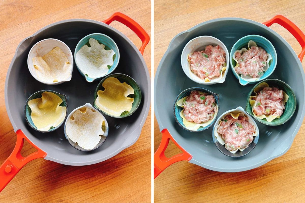 Side-by-side images show small bowls in a skillet: the left holds wonton wrappers pressed into bowls, while the right displays bowls filled with a soup dumpling meat mixture, ready to be steamed. Both sit on a wooden surface.