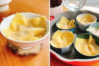 Left: A bowl filled with uncooked wonton wrapper arranged loosely in a tin cup on top of xiaolongbao filling. Right: Several bowls with wonton sheets, similar to the way xiao long bao—or soup dumplings—are carefully placed, with water being poured into the baking dish.