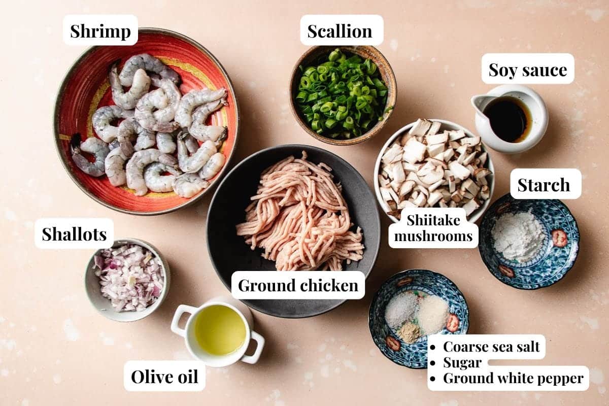 A top-down view of bowls containing labeled ingredients for Asian wonton meatballs: shrimp, ground chicken, chopped scallion, sliced shiitake mushrooms, soy sauce, starch, chopped shallots, coarse sea salt, sugar, ground white pepper, and olive oil.