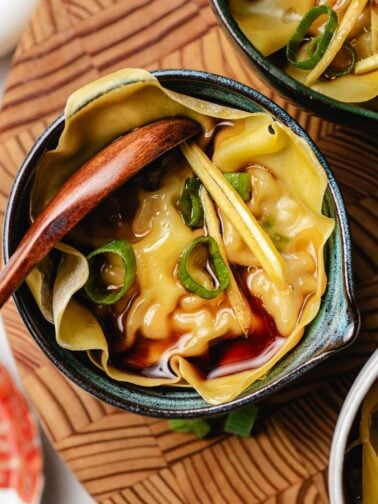 A bowl of soup dumplings lasagna topped with sliced green onions and ginger, with a wooden spoon resting inside. The xiaolongbao is covered in broth and a drizzle of dark sauce.