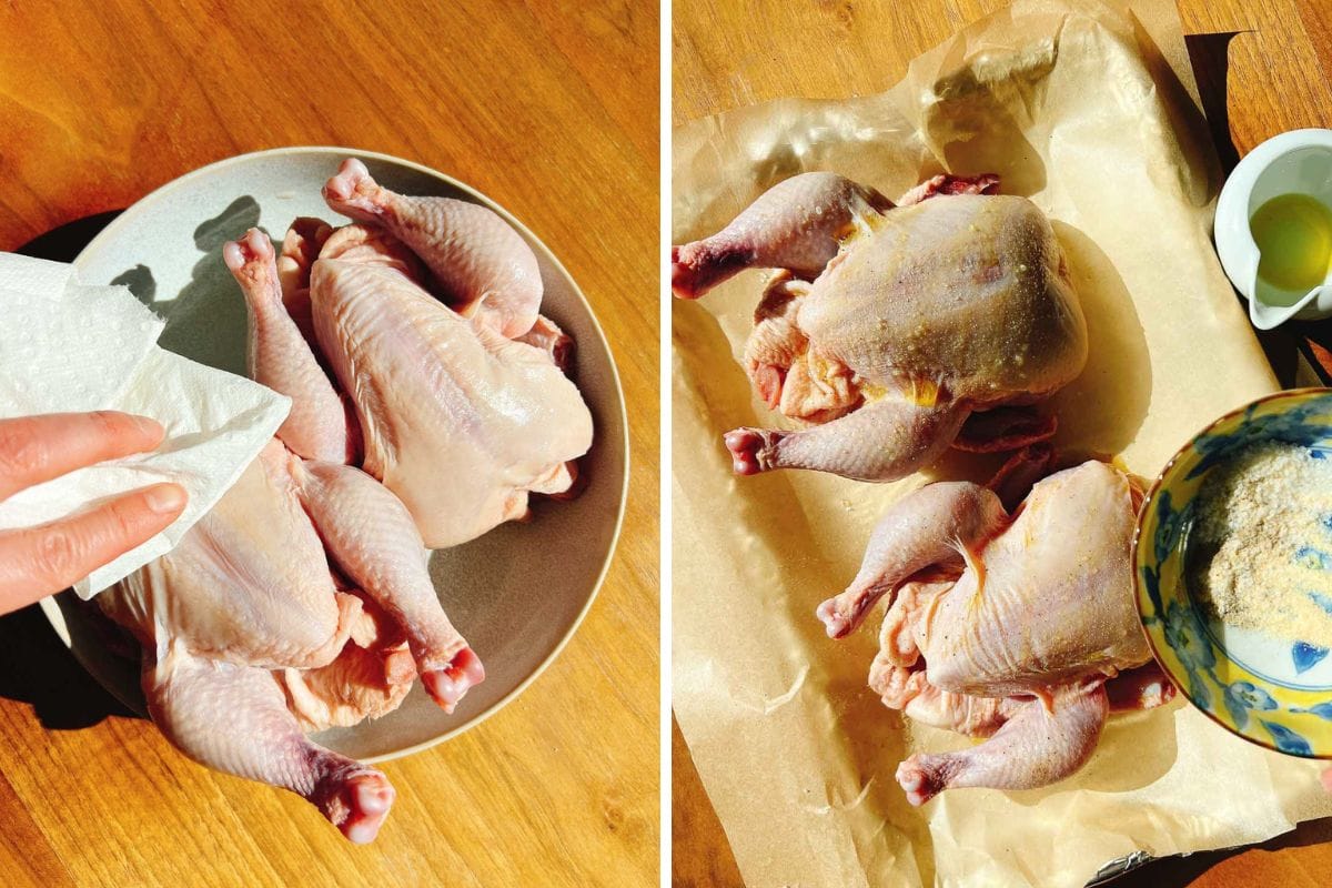 Two photos: On the left, a hand pats raw game birds with a paper towel on a plate. On the right, two Air fryer Cornish hens rest on parchment beside dry spices and a small jug on a wooden surface.