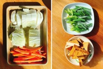 A tray with napa cabbage and carrot sticks on the left; on the right, a plate with chopped green onions and a bowl of sliced tofu—perfect ingredients for a chicken meatball hot pot—arranged on a wooden surface in bright sunlight.