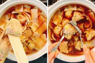Two ways of adding meatballs to simmer to the broth - Left: a wooden spoon forms chicken meatballs and adds them to the simmering hot pot broth. Right: metal tongs and a spoon lower meatballs into the cabbage-filled broth.