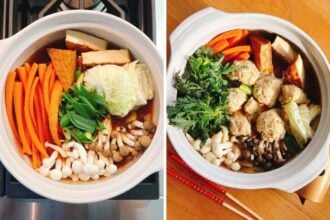 Two side-by-side images of a pot filled with neatly arranged vegetables, tofu, and mushrooms; the right image showcases a chicken meatball hot pot with added meatballs and leafy greens, with chopsticks resting beside the pot.