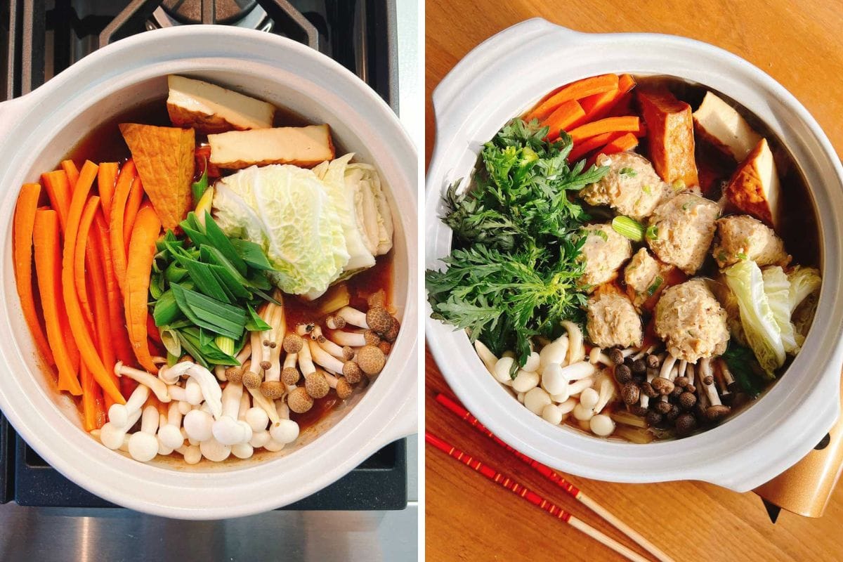 Two side-by-side images of a pot filled with neatly arranged vegetables, tofu, and mushrooms; the right image showcases a chicken meatball hot pot with added meatballs and leafy greens, with chopsticks resting beside the pot.
