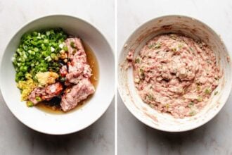 Two images: Left, a bowl with ground meat, chopped green onions, ginger, garlic, and sauces ready for xiao long bao. Right, the ingredients are fully mixed into a thick, even soup dumpling filling. Both bowls are on a light surface.