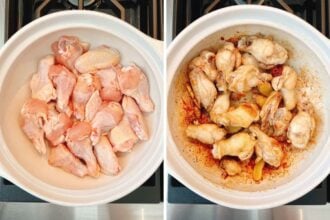 Side-by-side images of a white clay pot on a stove: the left shows raw chicken wings and drumettes, while the right features wings seared and browned with spices, highlighting the making of sesame oil chicken soup.
