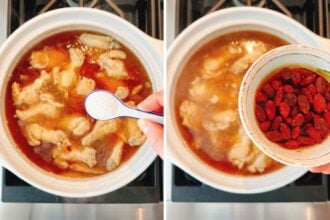 Two side-by-side images show a pot of sesame oil chicken soup cooking on the stove—first with salt being added, then a bowl of wine-soaked goji berries held above the simmering broth.