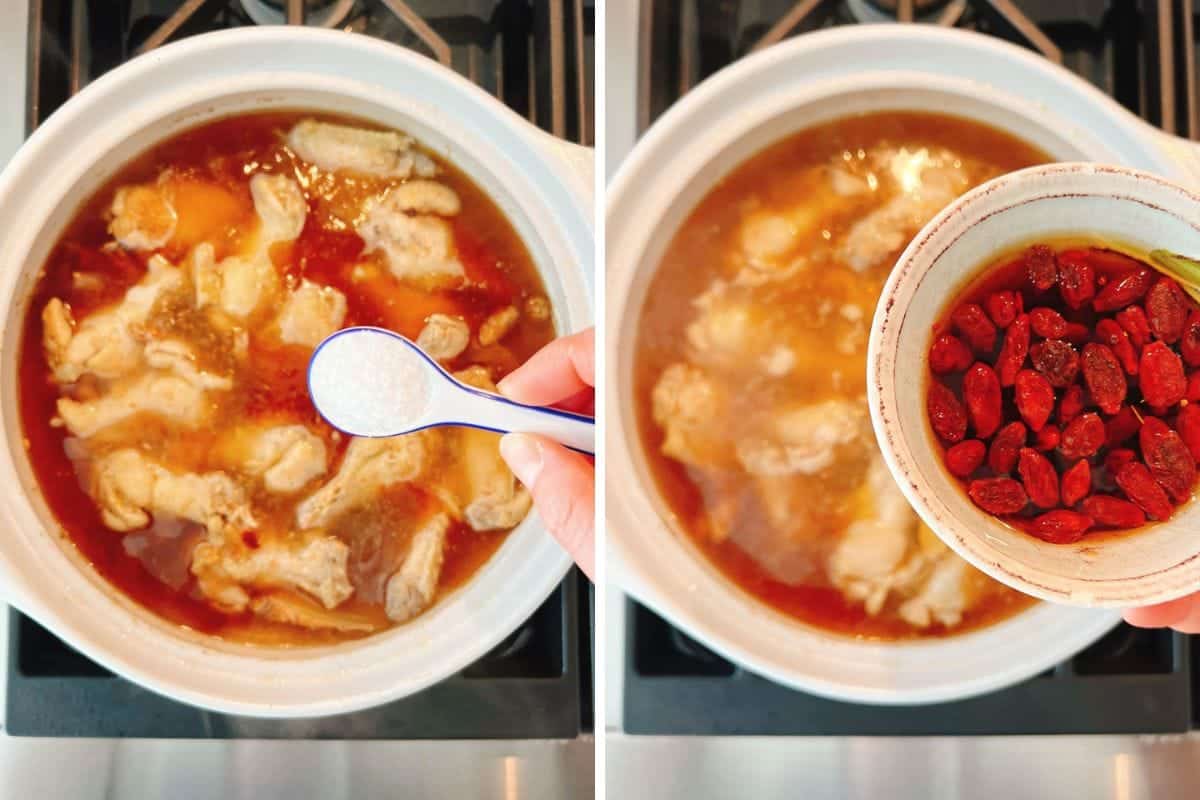 Two side-by-side images show a pot of sesame oil chicken soup cooking on the stove—first with salt being added, then a bowl of wine-soaked goji berries held above the simmering broth.