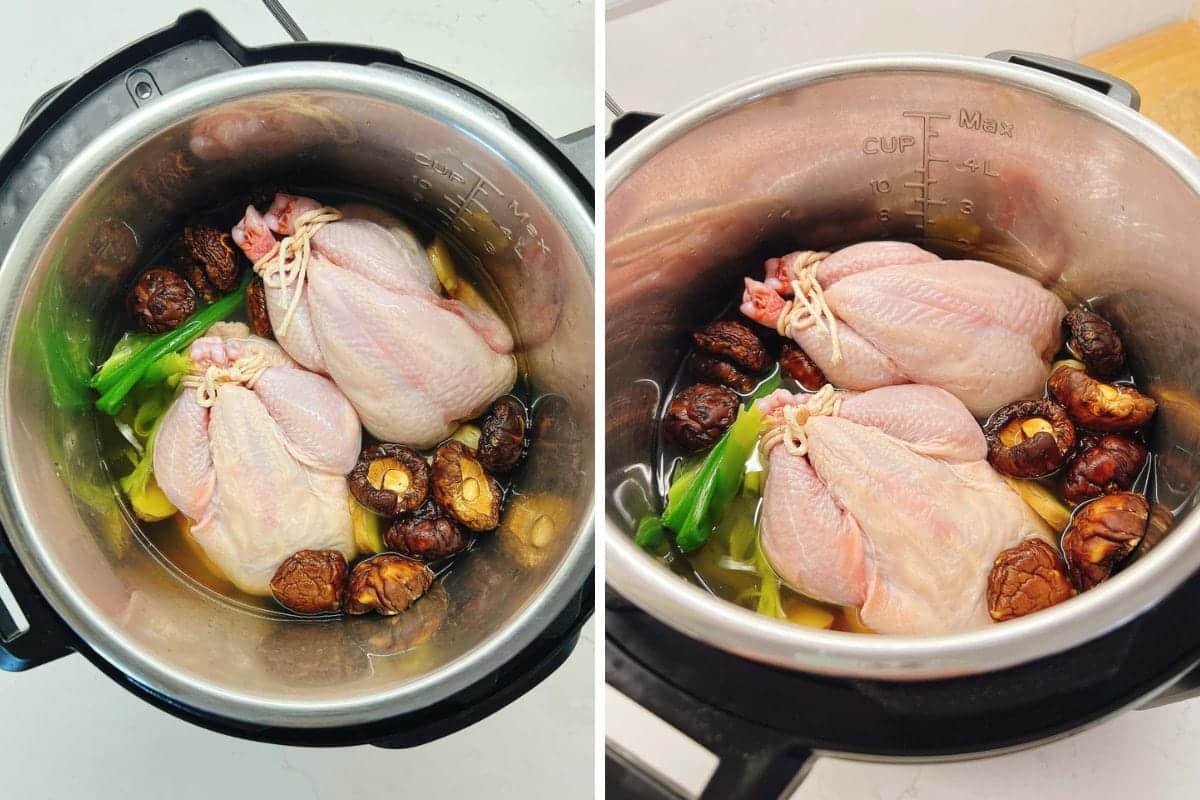 Cornish Hen Soup ingredients—two raw whole chickens, green onions, shiitake, and liquid broth—sit inside an electric pressure cooker, viewed from above at two slightly different angles.