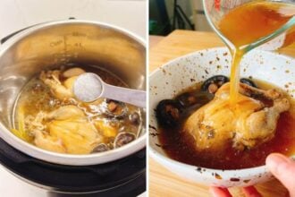 Left: A small Cornish hen with mushrooms simmers in broth inside a slow cooker. Right: Broth is being poured from a measuring cup over cooked chicken and mushrooms for a comforting Cornish Hen Soup.