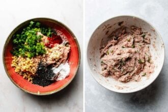 Two side-by-side images: the left shows ground meat ingredients for Smashed Dumpling Tacos—chopped green onions, ginger, garlic, ground meat, black sesame seeds, and seasonings; the right displays everything mixed into a pale, textured meat filling.