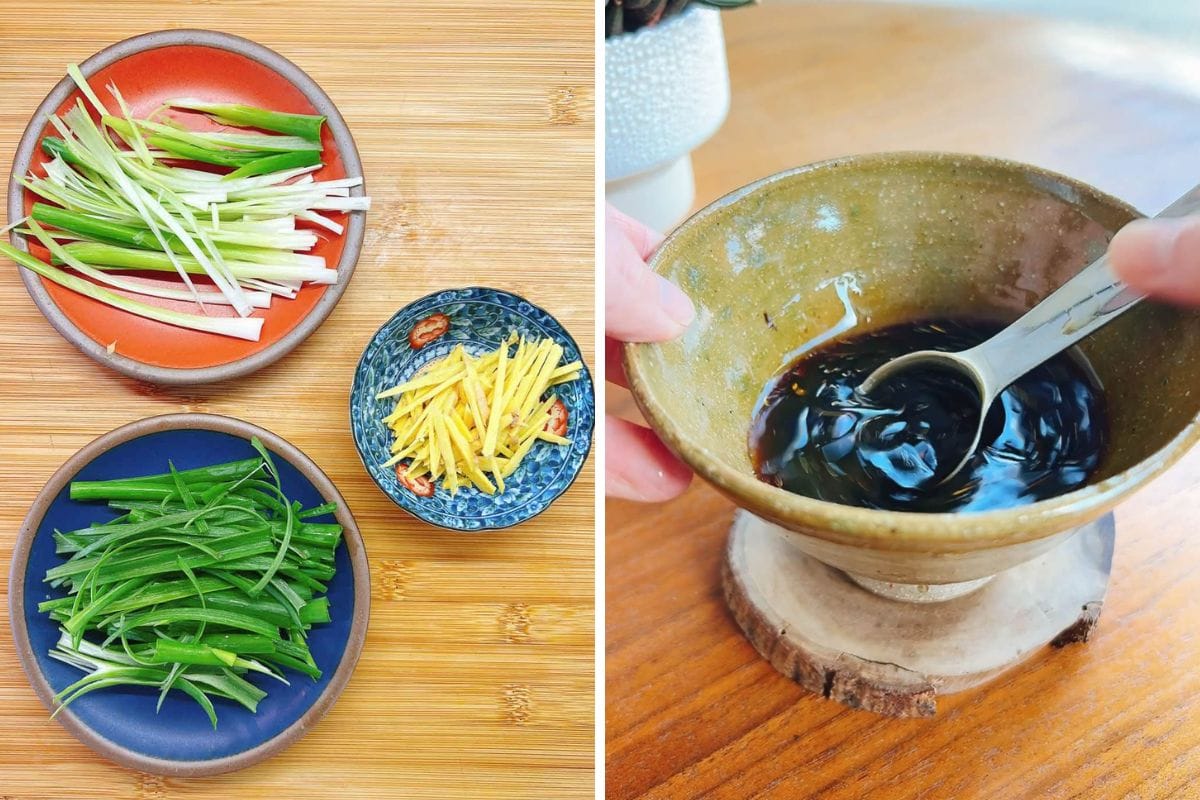 Three plates with sliced green onions, sliced ginger on a wooden surface (left); a hand mixing a dark soy sauce for pan seared rainbow trout in a brown bowl with a spoon (right).