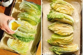 Split image: Left side shows a hand pouring oil over halved napa cabbages for roasted napa cabbage on a parchment-lined baking tray. Right side shows the same cabbages coated with a yellowish seasoning, ready to roast.