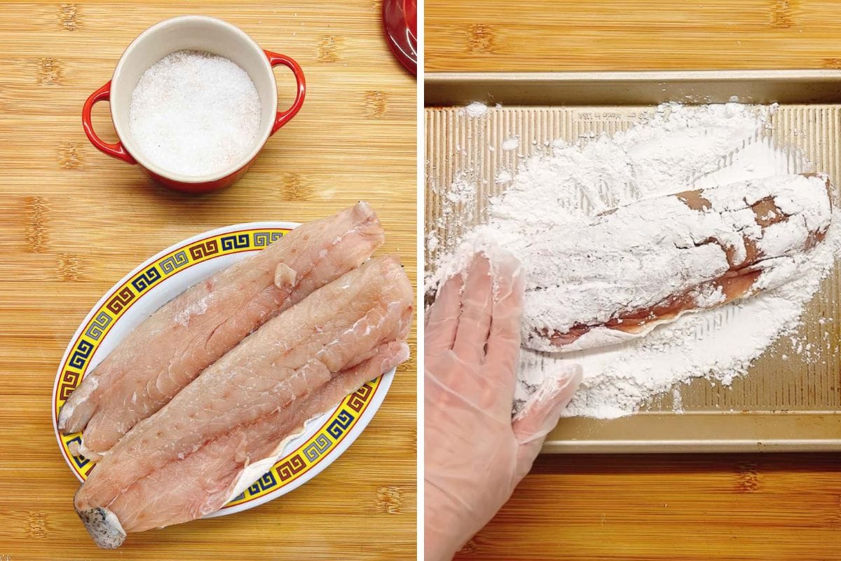 Two images side by side: left shows raw rainbow trout fillets on a patterned plate next to a bowl of salt; right shows a gloved hand coating a trout fillet in starch on a sheet pan for this easy rainbow trout recipe.