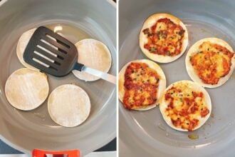 Split image: On the left, a spatula presses and smash down four plain dumpling wrappers in a pan for smashed dumpling tacos. On the right, the same wrappers are pressed and cooked to crispy.
