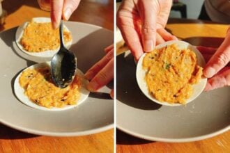Two close-up photos show hands spreading the chicken wonton filling with a spoon onto circular dumpling wrappers, preparing Smashed Dumpling Tacos on a beige plate under warm lighting.