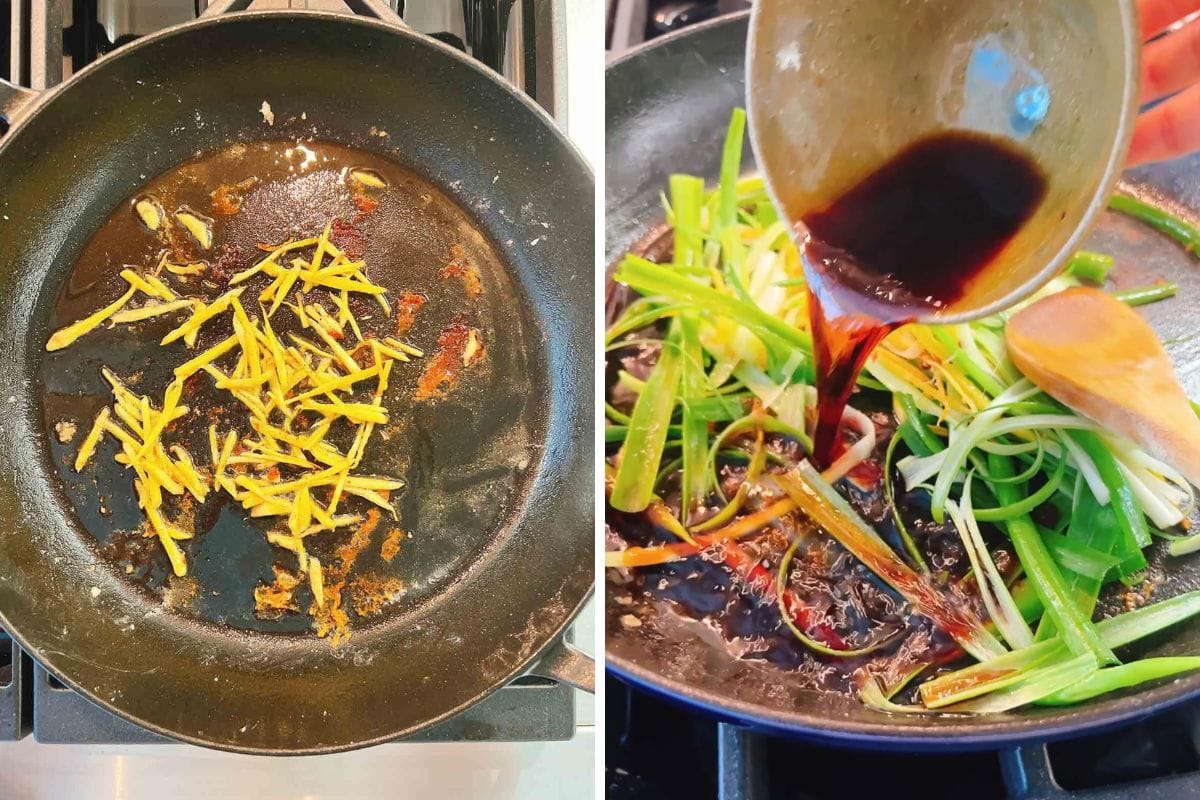 Left: Sliced ginger and bits of garlic sautéing in a pan. Right: Sweet soy sauce being poured into a pan with green onions, ginger, and a wooden spoon—perfect steps for a delicious pan seared rainbow trout or your favorite rainbow trout recipe.
