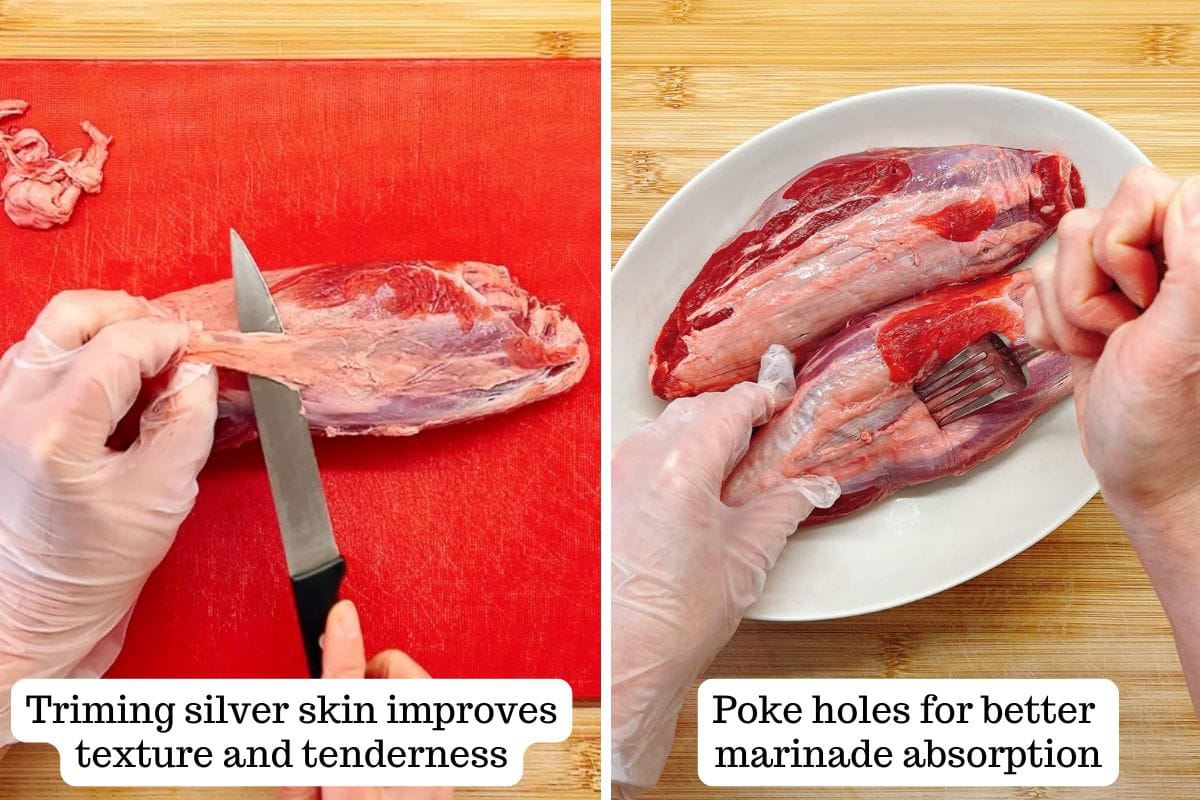 Two images: Left—gloved hands trim silver skin from raw beef shank for Taiwanese Braised Beef Shank. Right—hands use a fork to poke holes in similar meat on a white plate. Captions explain each step’s purpose.